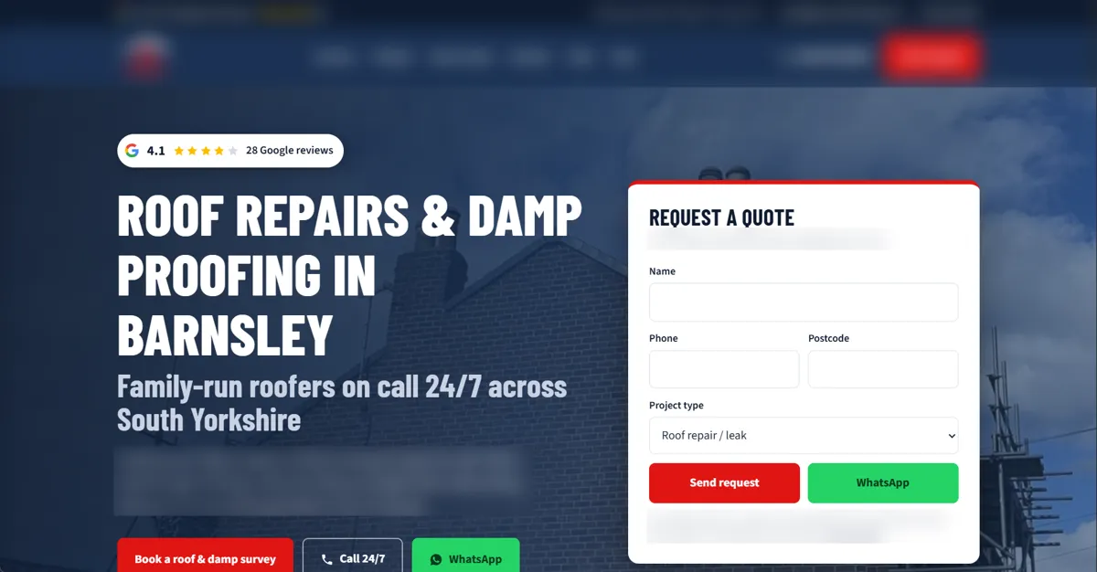 Roofing and damp proofing website concept, South Yorkshire, UK